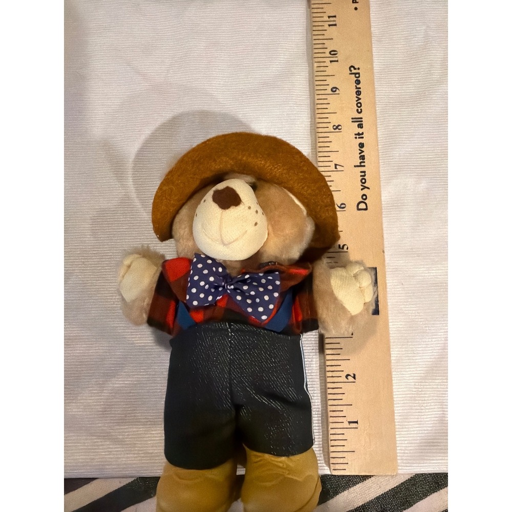 Vintage 1986 Furskins Bear Plush 7" Plaid Shirt Overalls Hat Appalachian Artwork